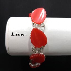 Lisner Red Lucite Leaves Bracelet, Silver Tone, 1950s Vintage Jewelry